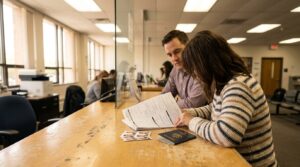 two people reviewing immigration forms at government office counter with passport and photos