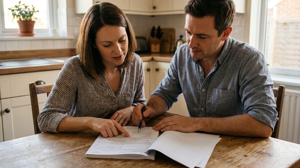 couple reviewing and signing legal documents together at kitchen table