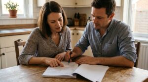 couple reviewing and signing legal documents together at kitchen table