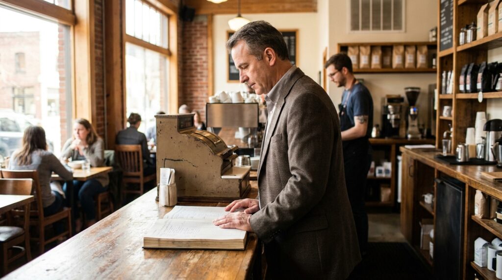 businessman in blazer reviewing open ledger book at coffee shop counter