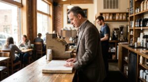 businessman in blazer reviewing open ledger book at coffee shop counter