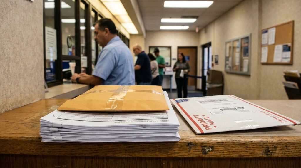 USPS Priority Mail envelope and stacked documents on post office counter with customers waiting
