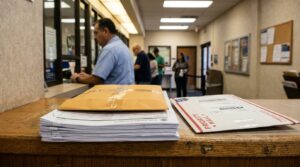 USPS Priority Mail envelope and stacked documents on post office counter with customers waiting