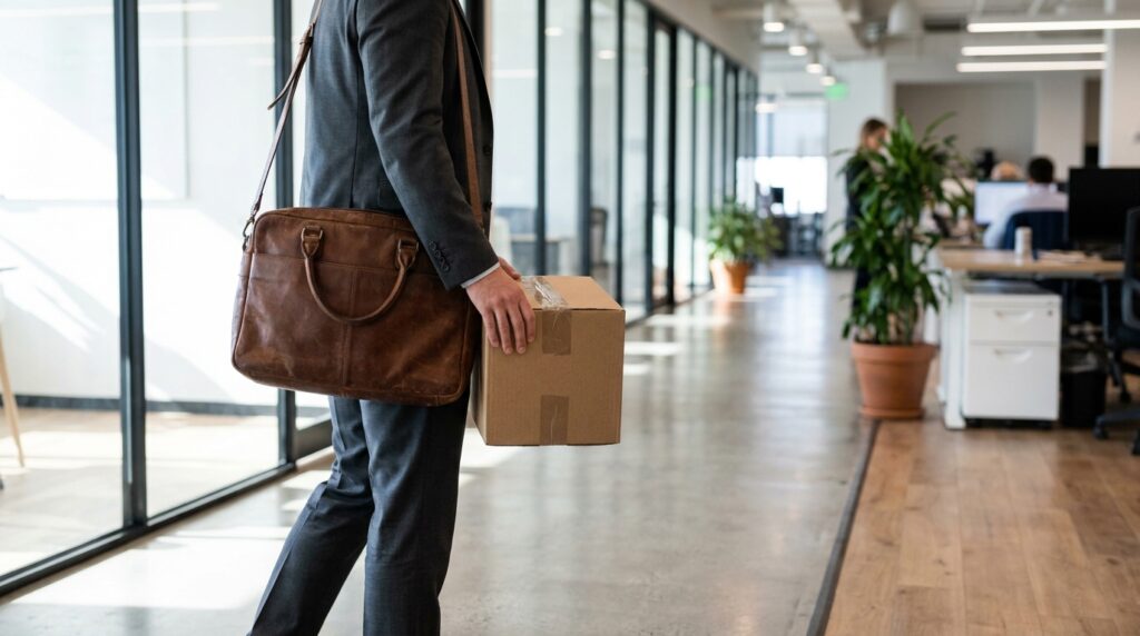 suited professional carrying leather briefcase and cardboard box through open office