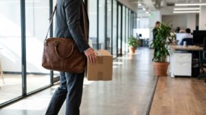 suited professional carrying leather briefcase and cardboard box through open office