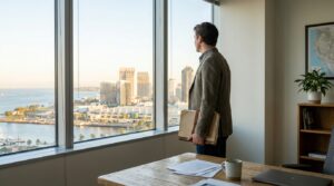 attorney holding case folder standing at office window overlooking city waterfront