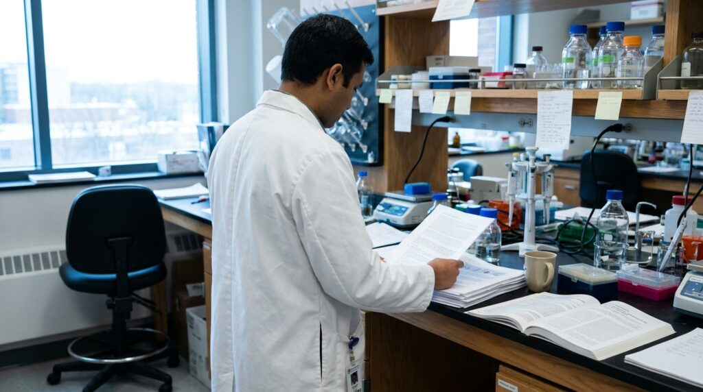 lab coat professional reviewing documents at laboratory bench with scientific equipment