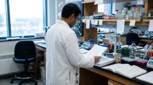 lab coat professional reviewing documents at laboratory bench with scientific equipment
