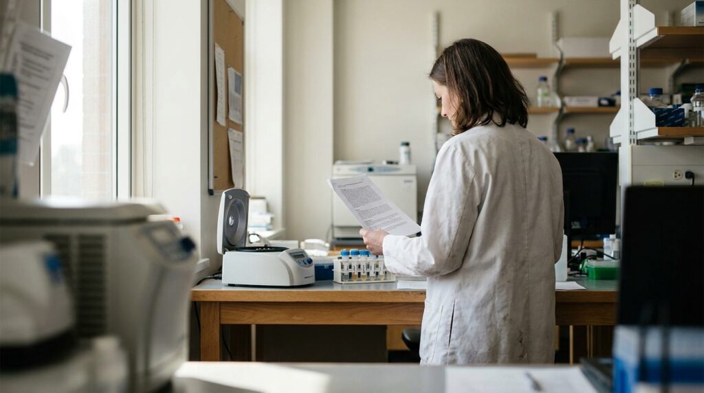 lab technician in coat reviewing document beside centrifuge and specimen vials