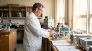 scientist in lab coat operating precision scale beside Erlenmeyer flasks and equipment