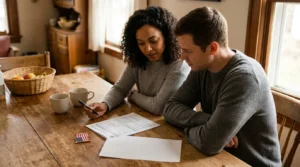 couple reviewing official government documents at kitchen table with American flag pin
