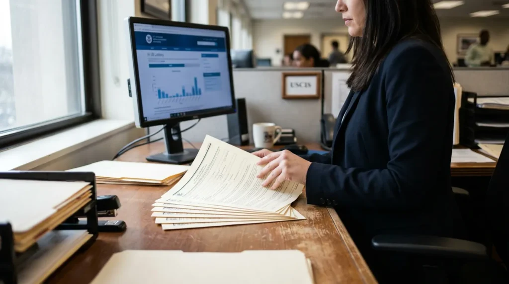 USCIS office professional reviewing H-1B Lottery documents at desk with monitor