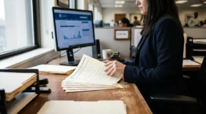USCIS office professional reviewing H-1B Lottery documents at desk with monitor