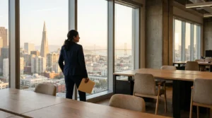 attorney in suit holding folder standing at office window overlooking San Francisco skyline