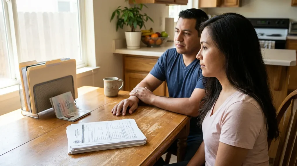 couple seated at kitchen table with open passport and immigration forms