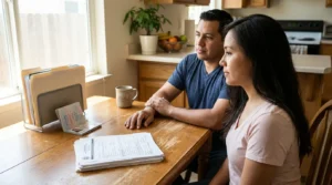 couple seated at kitchen table with open passport and immigration forms