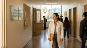 researcher in lab coat walking hallway near Department of Bioengineering and Advanced Materials sign