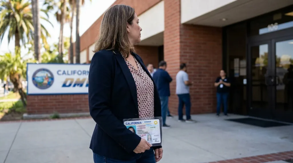 Woman holding California driver's license standing outside California DMV building