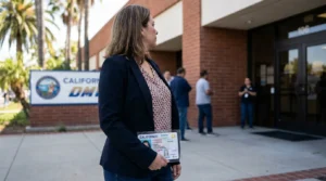 Woman holding California driver's license standing outside California DMV building