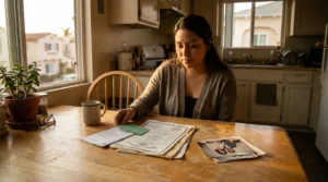 woman reviewing marriage certificate and legal documents at kitchen table